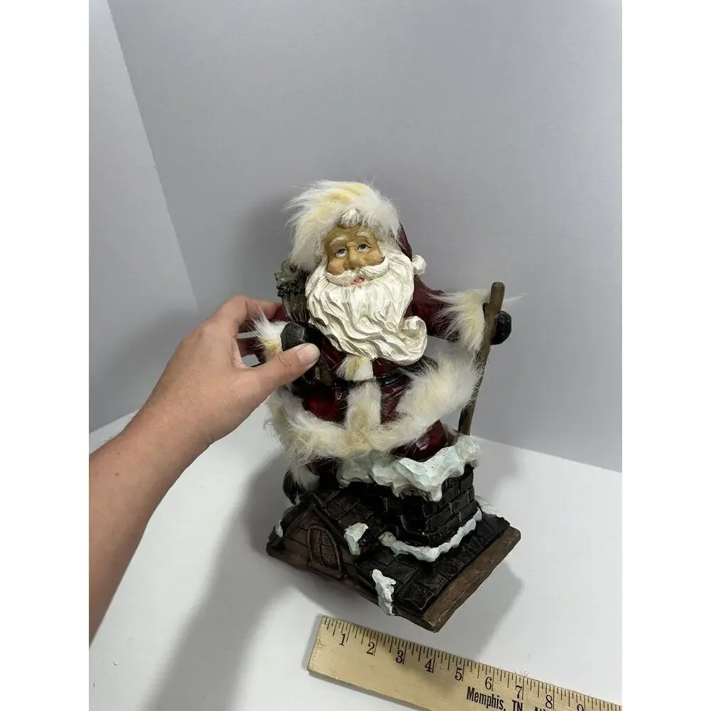 Vintage Wood Carved Art Santa Claus Entering Chimney With Sack Of‎ Toys Figure
